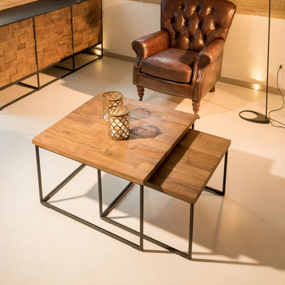 طاولتان قهوة بسطح من الخشب المعاد تدويره وقاعدة معدنية - منزلقة Viadurini