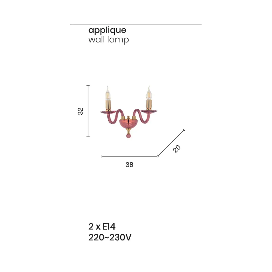 مصباح حائط كلاسيكي ذو مصباحين مصنوع يدويًا من الزجاج الإيطالي والمعدن الذهبي - أوليفر Viadurini