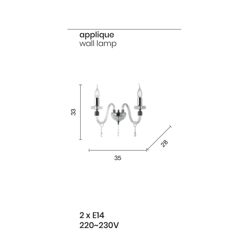 مصباح حائط بتصميم كلاسيكي مع مصباحين من زجاج الكروم المصنوع يدويًا - Similo Viadurini