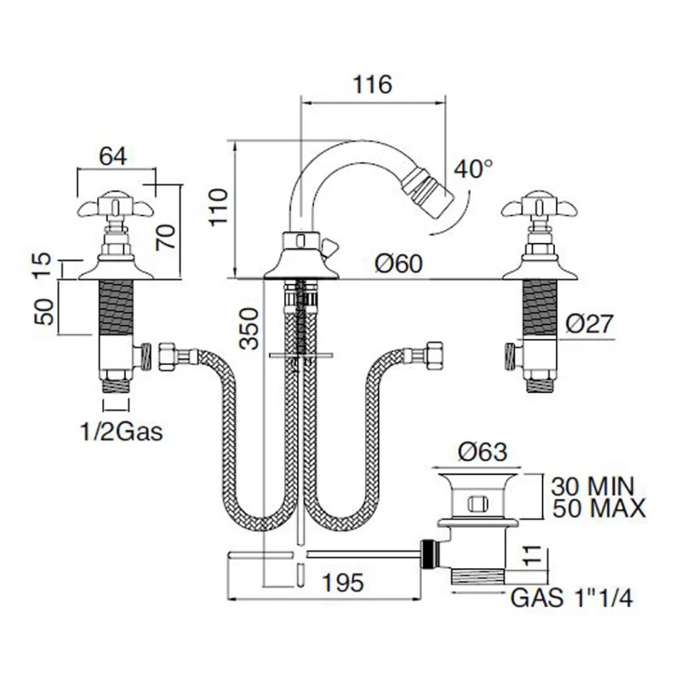 خلاط بيديه كلاسيكي بثلاث فتحات من النحاس ومقابض على شكل فراشة - ميريانو Viadurini