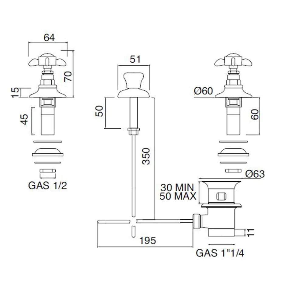 خلاط بيديه بثلاث فتحات مع مدخل نحاسي داخلي ومقابض فراشة - ميريانو Viadurini