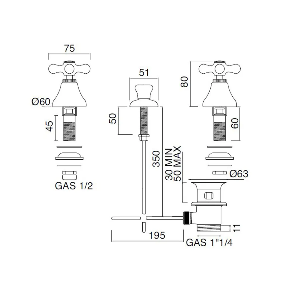 خلاط بيديه بثلاث فتحات مع تصريف داخلي مصنوع يدويًا من النحاس - إركولينا Viadurini