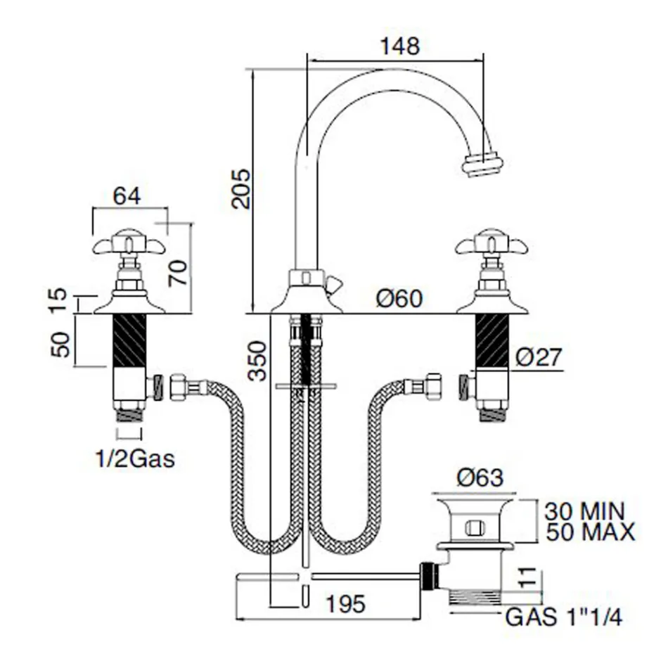 خلاط حوض بثلاث فتحات مع صنبور مرتفع من النحاس ومقابض فراشة - ميريانو Viadurini