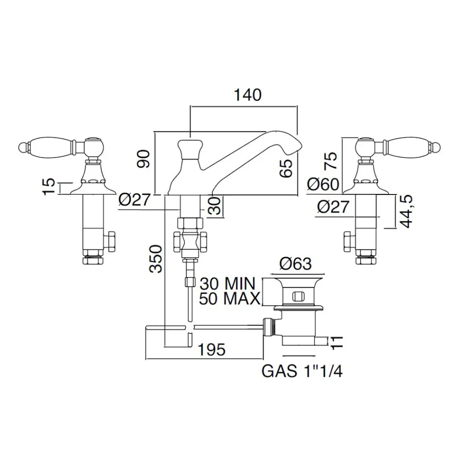 خلاط حوض بثلاث فتحات مع رافعات كلاسيكية مصنوعة يدويًا من النحاس - نوريانا Viadurini