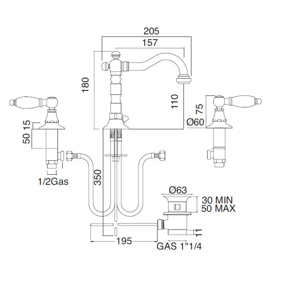 خلاط حوض بثلاث فتحات مع مصرف نحاسي بتصميم كلاسيكي مصنوع يدويًا - نوريانا Viadurini