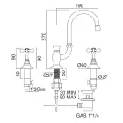 خلاط حوض بثلاث فتحات مع صنبور مرتفع من النحاس الكلاسيكي المصنوع يدويًا - فيوريتا Viadurini