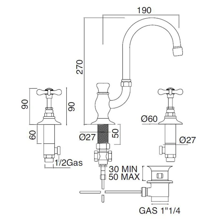 خلاط حوض بثلاث فتحات مع صنبور مرتفع من النحاس الكلاسيكي المصنوع يدويًا - فيوريتا Viadurini