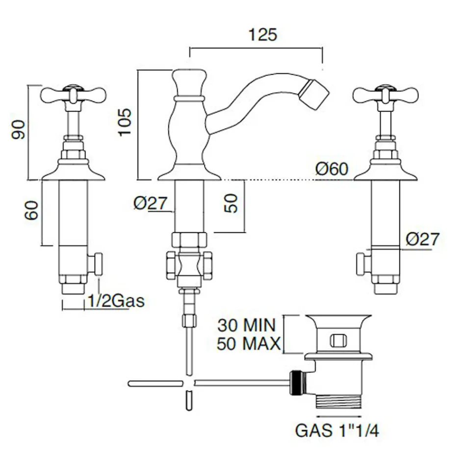 خلاط حوض بثلاث فتحات مع مصرف نحاسي كلاسيكي مصنوع يدويًا - فيوريتا Viadurini