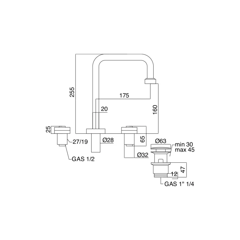 خلاط حوض حديث بثلاث فتحات مع مخرج صرف، صنع في إيطاليا - كيتو Viadurini