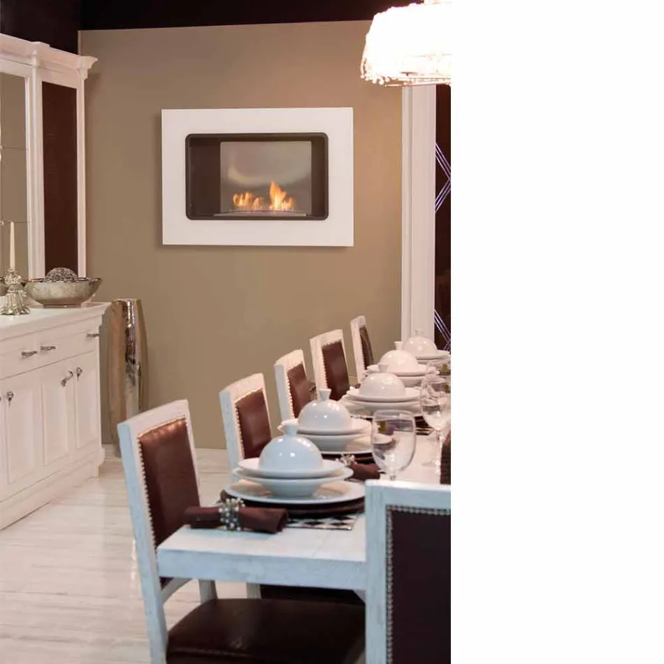 مدفأة حيوية ذات جدار أبيض بتصميم عصري مع ملحق زجاجي من إيريكا Viadurini