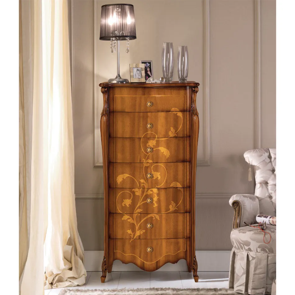 خزانة ذات 7 أدراج من خشب الجوز المطعم، صنع في إيطاليا - كومودوس Viadurini