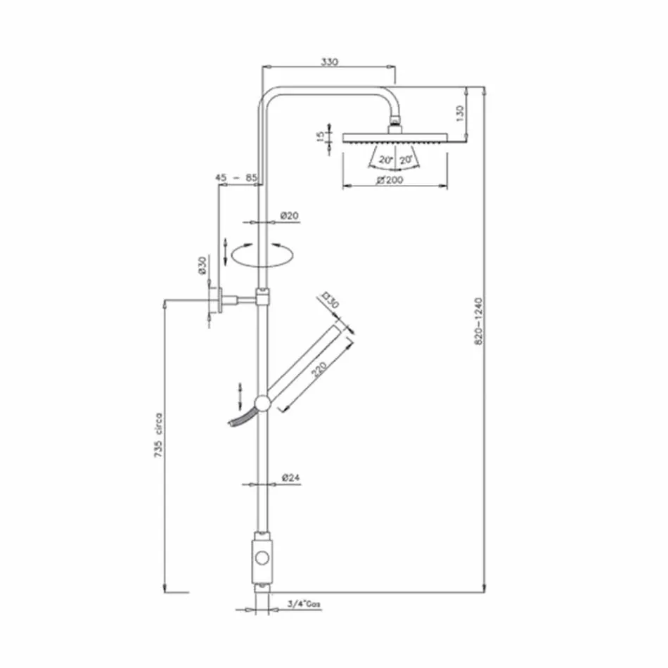عمود دش من النحاس مع رأس دش ودش يدوي من Abs صنع في إيطاليا - Lesio Viadurini