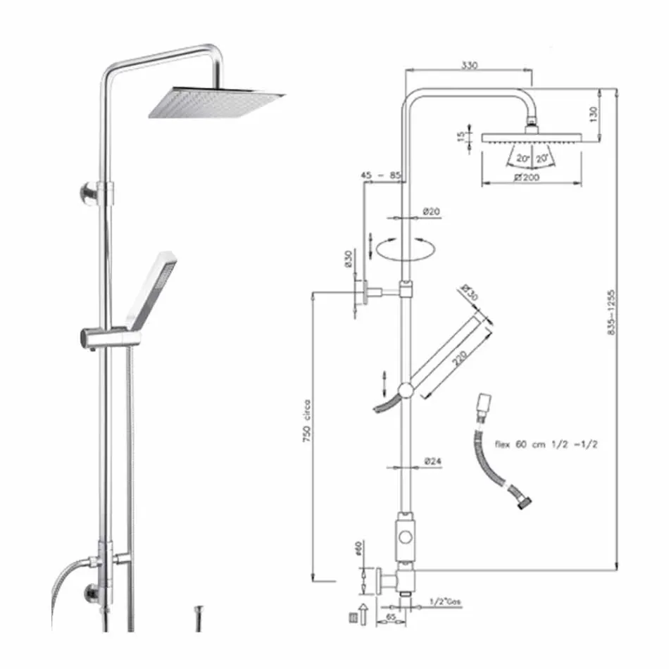 عمود دش من النحاس مع رأس دش ودش يدوي من Abs صنع في إيطاليا - Lesio Viadurini