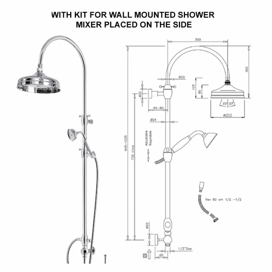 عمود دش نحاسي مع رأس دش دائري ودش يدوي صنع في إيطاليا - بريلو Viadurini