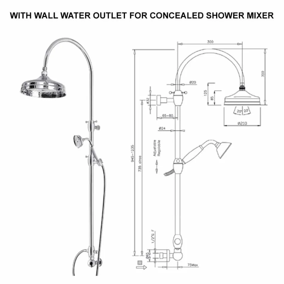 عمود دش نحاسي مع رأس دش دائري ودش يدوي صنع في إيطاليا - بريلو Viadurini