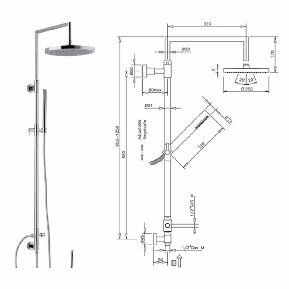 عمود دش من النحاس المطلي بالكروم مع دش يدوي ABS مصنوع في إيطاليا - Selvio Viadurini