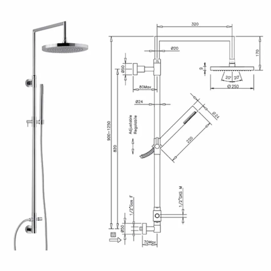 عمود دش من النحاس المطلي بالكروم مع دش يدوي ABS مصنوع في إيطاليا - Selvio Viadurini