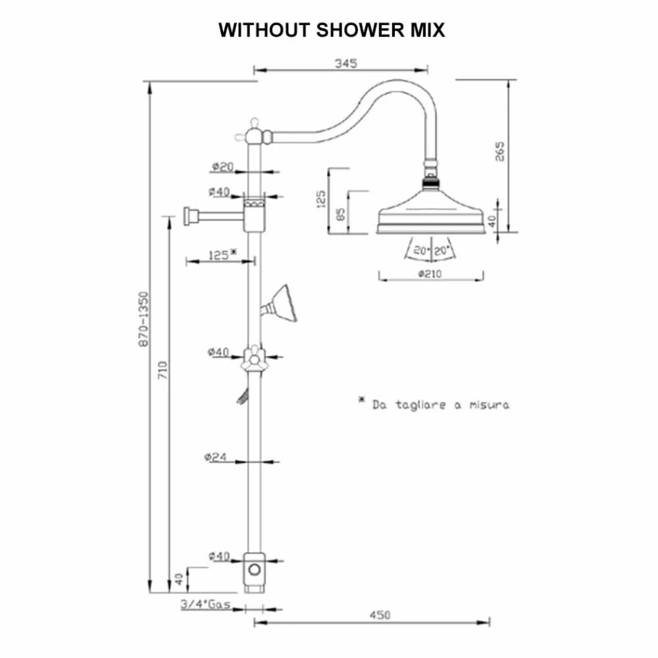 عمود دش نحاسي بدون خلاط بتصميم كلاسيكي، صنع في إيطاليا - Yunda Viadurini