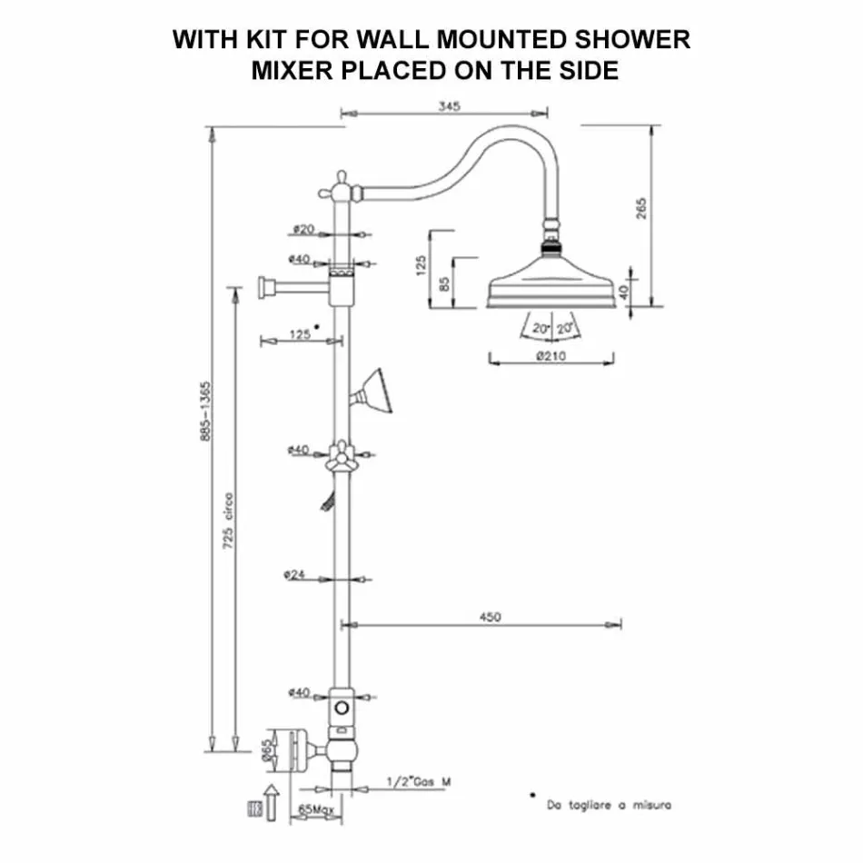 عمود دش نحاسي بدون خلاط بتصميم كلاسيكي، صنع في إيطاليا - Yunda Viadurini