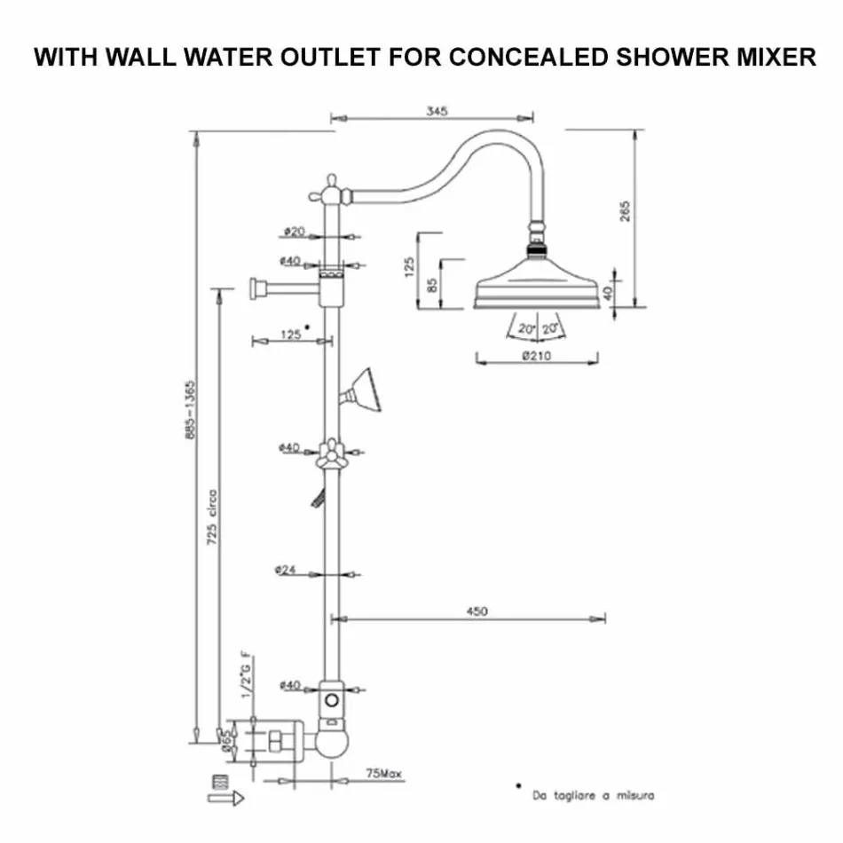 عمود دش نحاسي بدون خلاط بتصميم كلاسيكي، صنع في إيطاليا - Yunda Viadurini