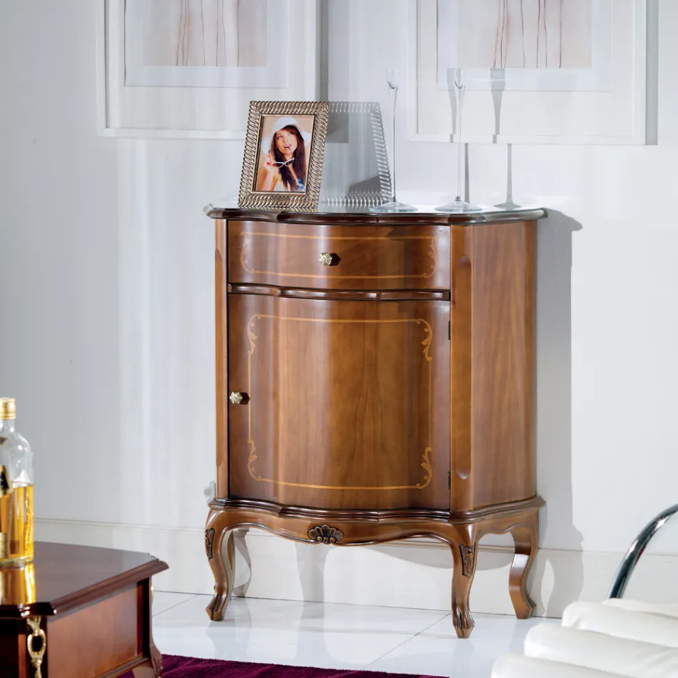 طاولة سرير كلاسيكية مُطعّمة بباب خشبي ودرج، صنع في إيطاليا - ليونور Viadurini