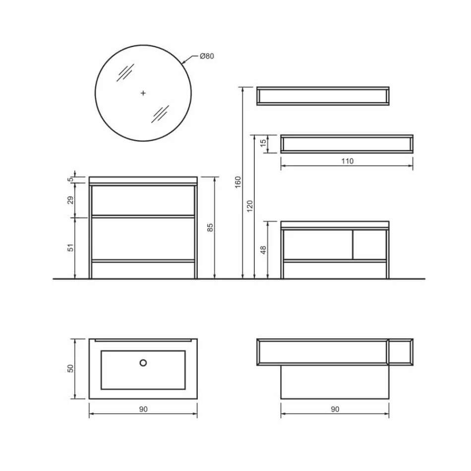 مجموعة أثاث حمام قائم بذاته من مجموعة Composition 5، مصنوع من المعدن، والحجر الصناعي، والخزف الفاخر - Cizco Viadurini