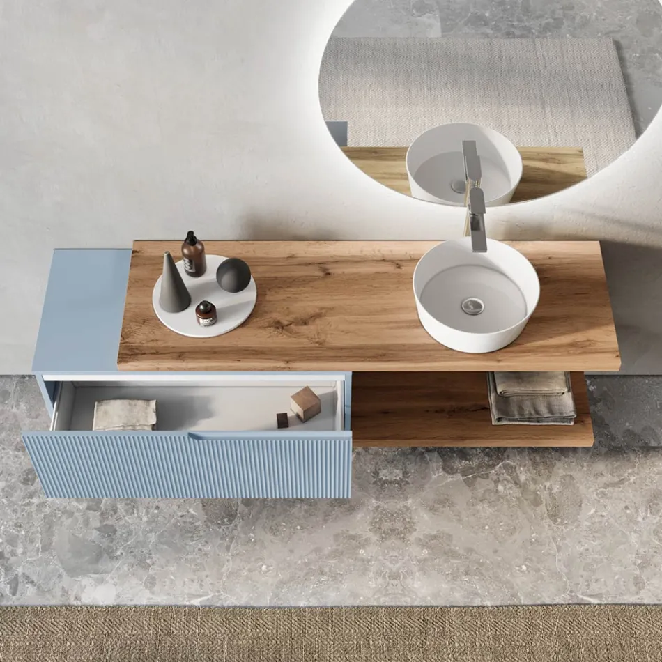 طقم حمام من خشب البلوط باللون الأزرق تيفاني مع مرآة، صنع في إيطاليا - إرميس Viadurini