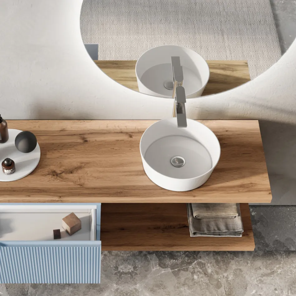 طقم حمام من خشب البلوط باللون الأزرق تيفاني مع مرآة، صنع في إيطاليا - إرميس Viadurini