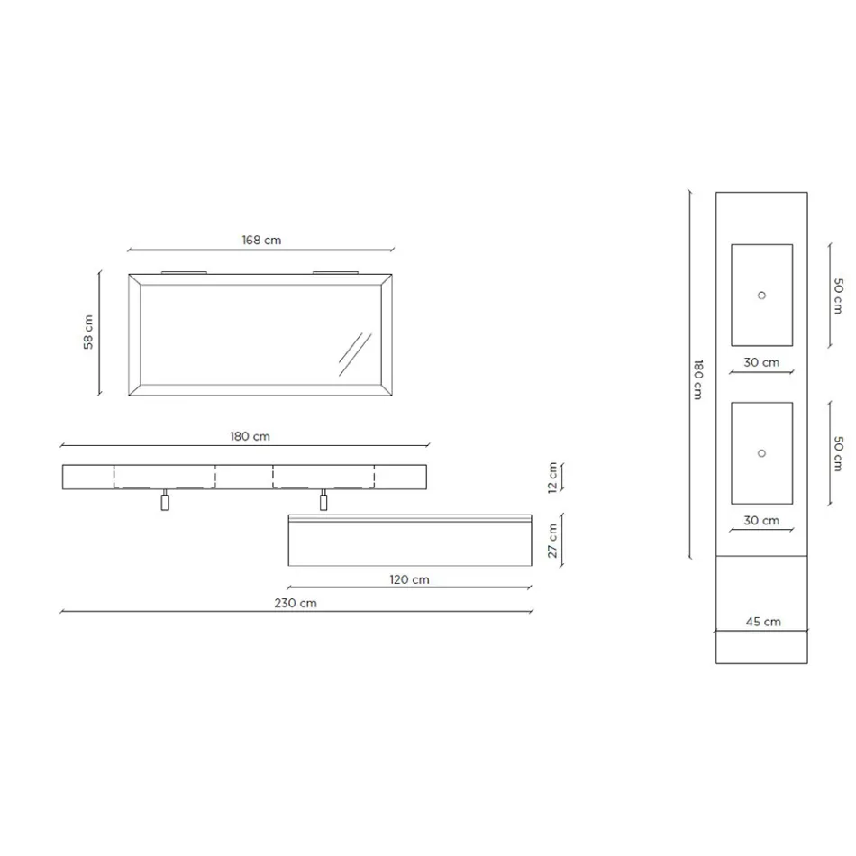 طقم حمام متكامل مع مرآة وحوض غسيل مزدوج، صنع في إيطاليا - بالوم Viadurini