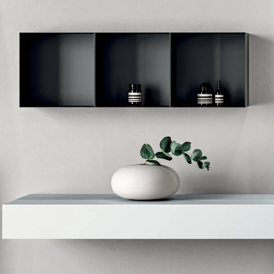 مجموعة حمام تتكون من رف مع حوض، وخزائن حائط، ومرآة - فيلاريا Viadurini