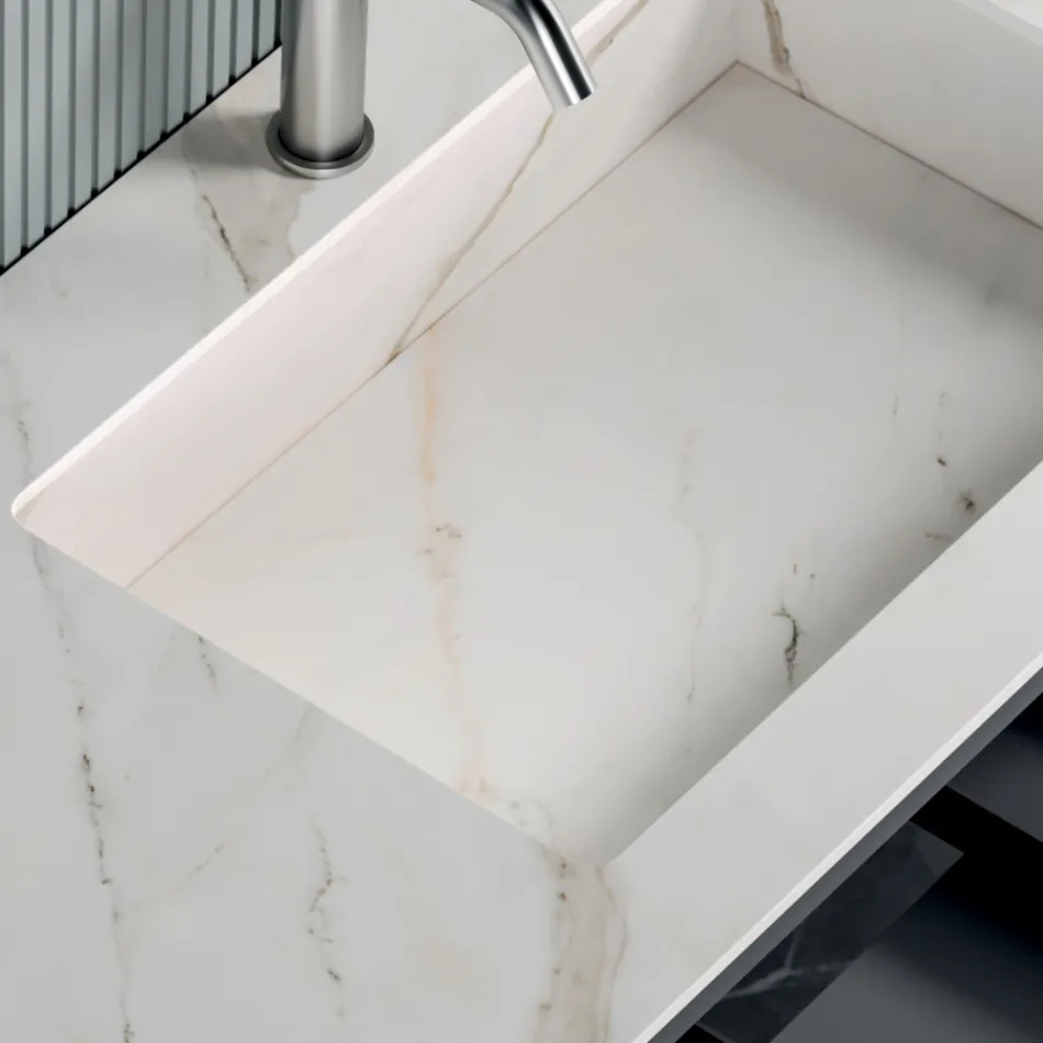 مجموعة حمام تتضمن قاعدة واحدة، ودرج واحد، وحجرة مفتوحة، ومرآة - تيتان Viadurini