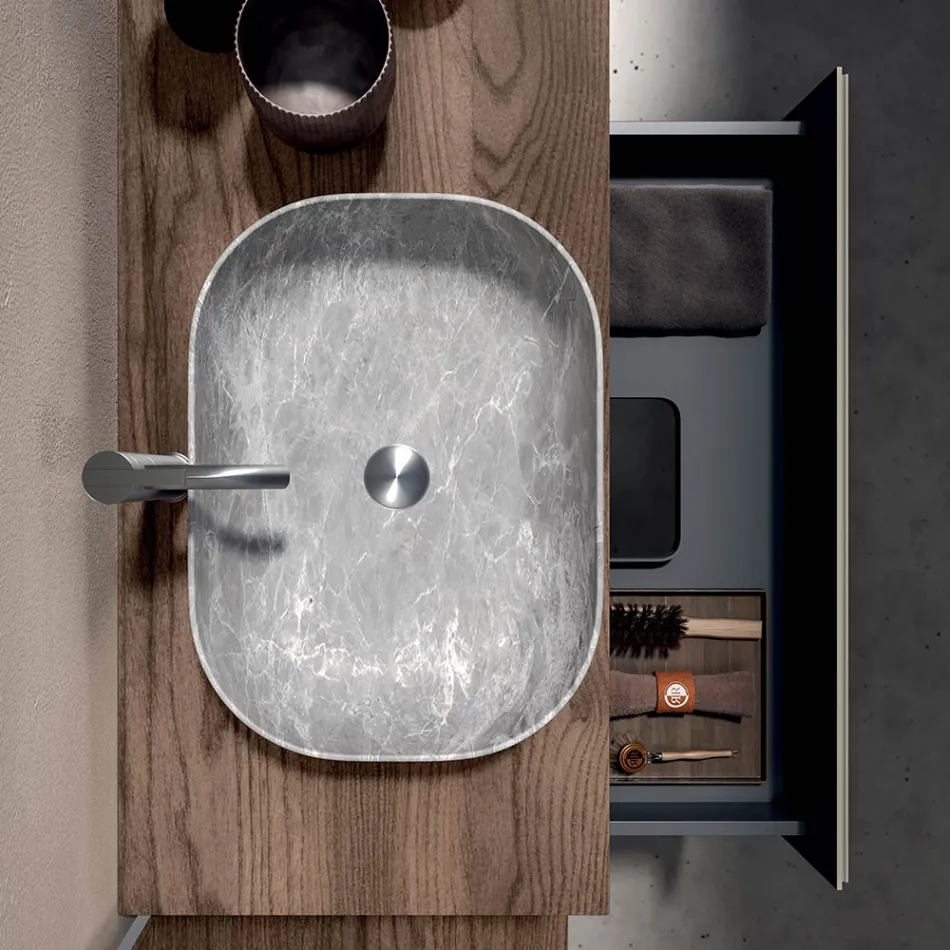 مجموعة حمام تتضمن درجًا واحدًا، ورفين من خشب البلوط، وحوضًا، ومرآة - تيتان Viadurini