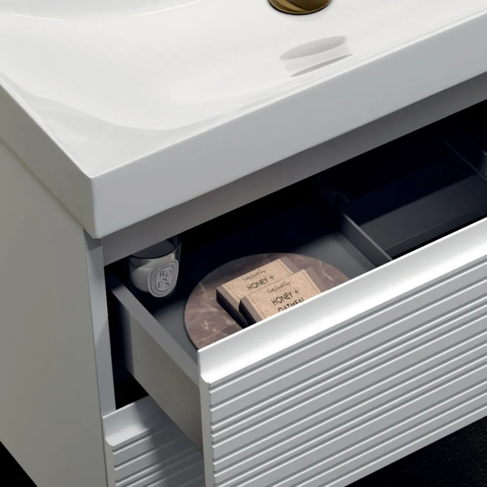 مجموعة حمام متكاملة مع درجين أبيضين غير لامعين، وحوض غسيل، ومرآة - إليوس Viadurini