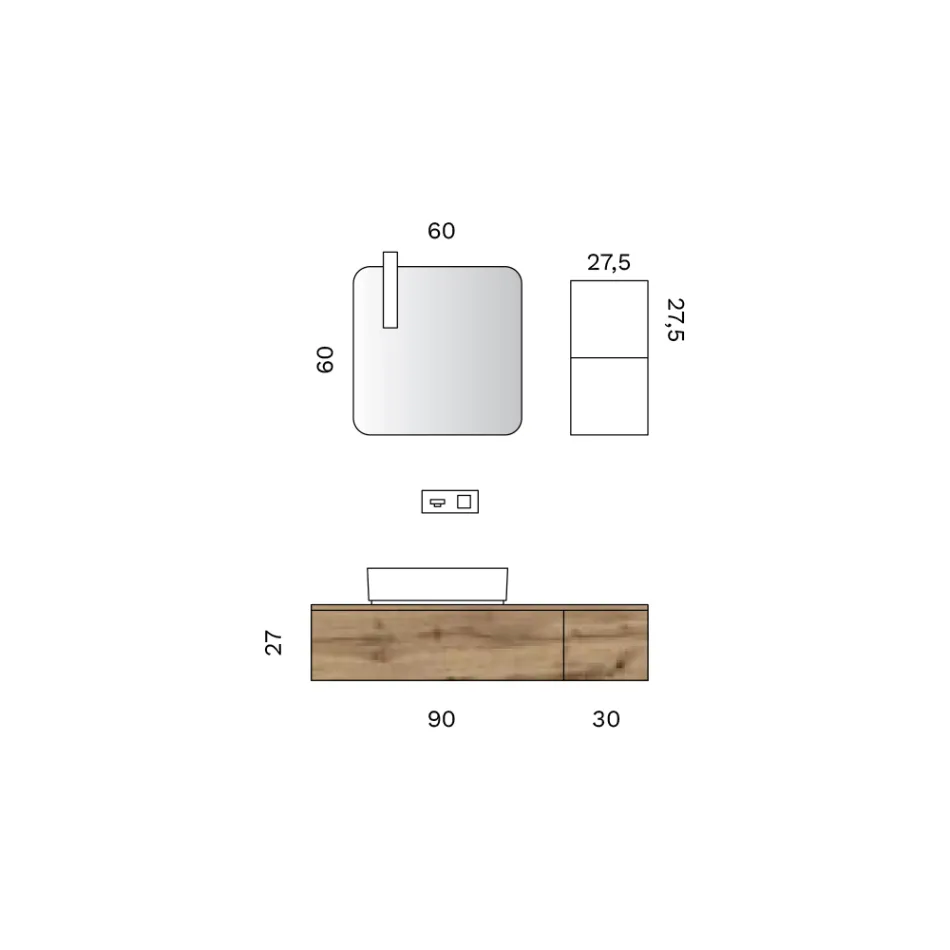 مجموعة حمام تتضمن درجين من خشب البلوط، وحوض سيراميك، ومرآة - تيتان Viadurini
