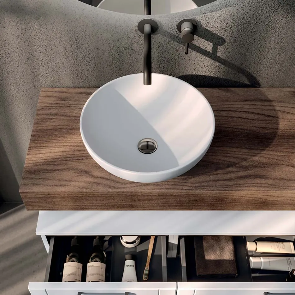 مجموعة حمام تتضمن درجين ومرآة وحوضًا من الراتنج الأبيض - ماغنوليا Viadurini