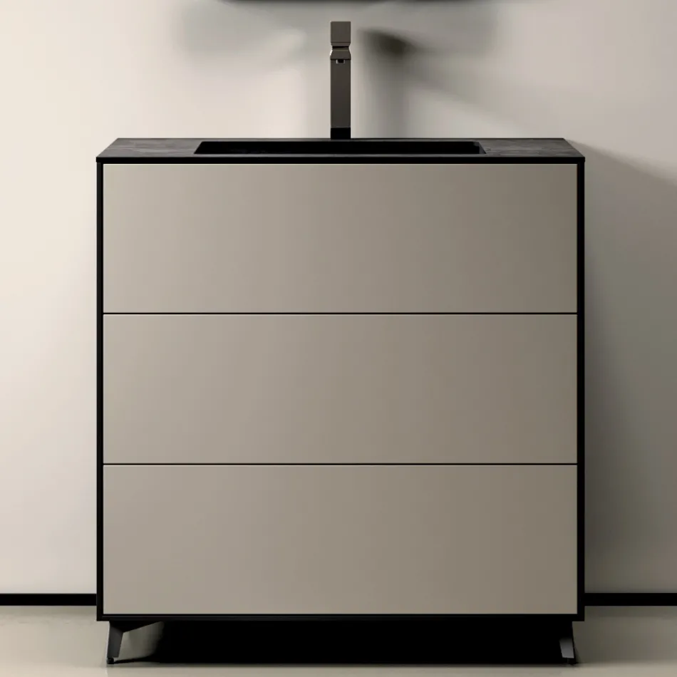 مجموعة حمام بثلاثة أدراج رمادية فاتحة غير لامعة، ومرآة، وحوض غسيل - فيلاريا Viadurini