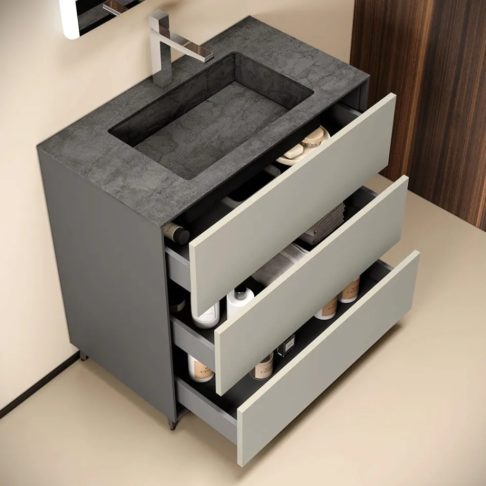 مجموعة حمام بثلاثة أدراج رمادية فاتحة غير لامعة، ومرآة، وحوض غسيل - فيلاريا Viadurini