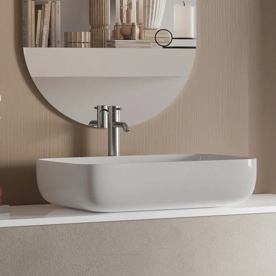 طقم حمام متكامل بقاعدة من حجر هافانا، ومرآة، وحوض غسيل، صنع في إيطاليا - كيلو Viadurini