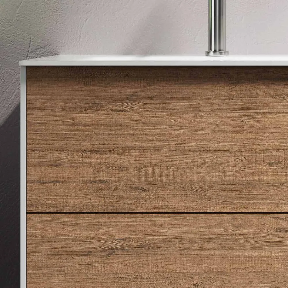 طقم حمام متكامل بقاعدة من خشب البلوط العسلي، وحوض غسيل، ومرآة، صنع في إيطاليا - كيلو Viadurini