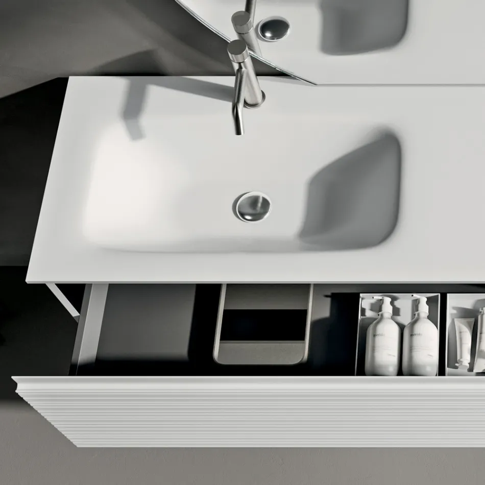 مجموعة حمام متكاملة مع أدراج، حوض سيراميك، ومرآة بإضاءة LED - إليوس Viadurini