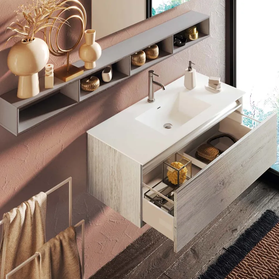 طقم حمام متكامل مع مرآة ومصباح، قاعدة مقاومة للخدش، صنع في إيطاليا - دريم Viadurini