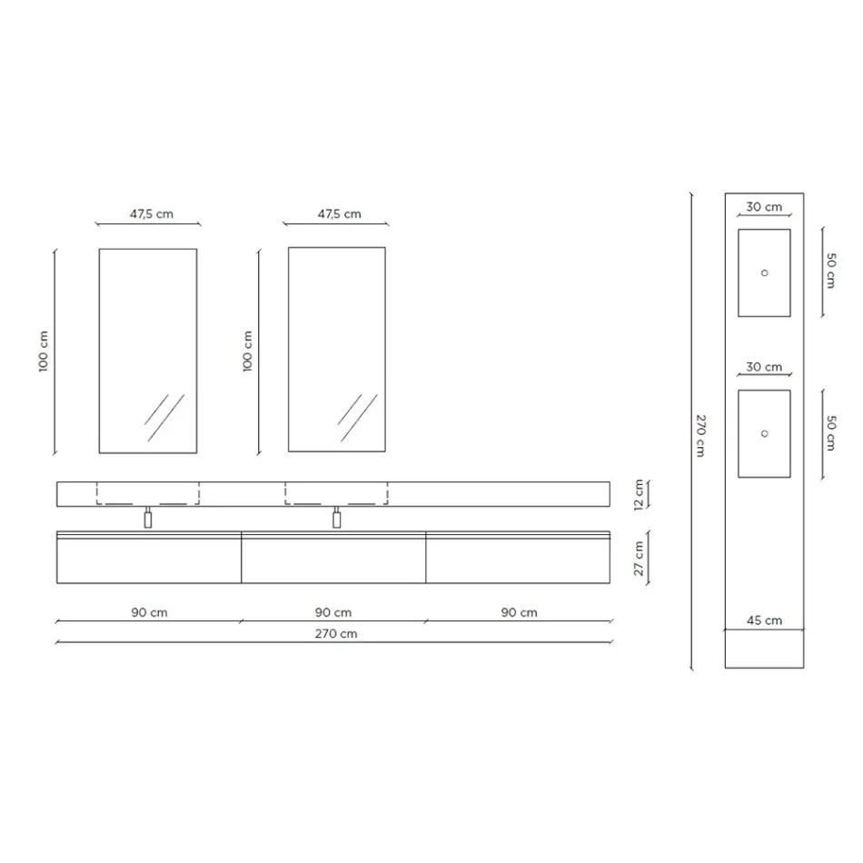 طقم حمام مزدوج مع مرآة مستطيلة وحوض غسيل، صنع في إيطاليا - بالوم Viadurini