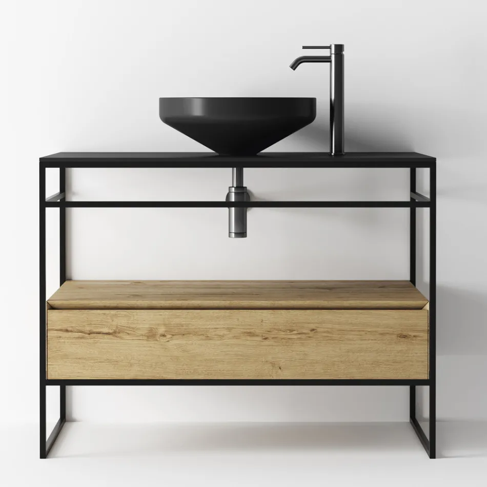 خزانة حمام مع حوض غسيل وقاعدة ومرآة، صنع في إيطاليا - هوسكار Viadurini