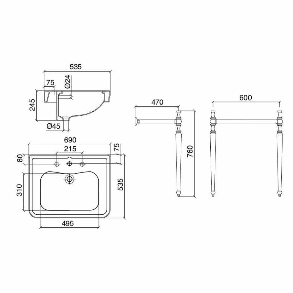 وحدة تحكم حمام طولها 69 سم على قدمين من السيراميك الأبيض العتيق، صنع في إيطاليا - مروة Viadurini