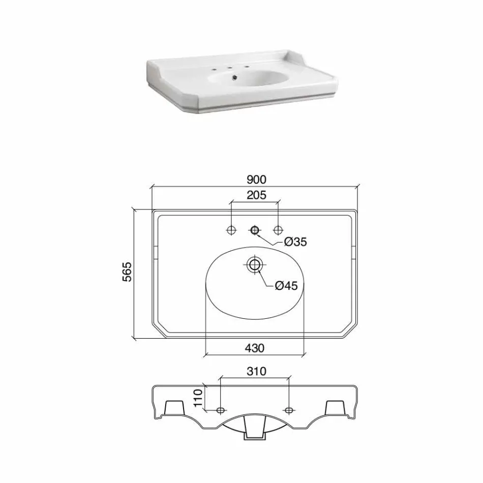 وحدة تحكم حمام عتيقة مقاس 90 سم، مصنوعة من السيراميك الأبيض، مع أقدام، صنع في إيطاليا - نوسيكا Viadurini