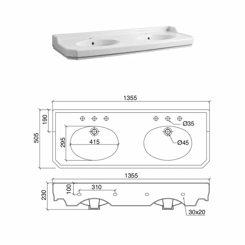 وحدة تحكم حمام بطول 135 سم مع حوض مزدوج من السيراميك صنع في إيطاليا - نوسيكا Viadurini