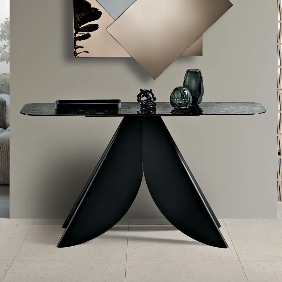 طاولة كونسول لغرفة المعيشة مصنوعة من المعدن مع سطح زجاجي مطروق مطلي بالفضة من الخلف - كريستينا Viadurini