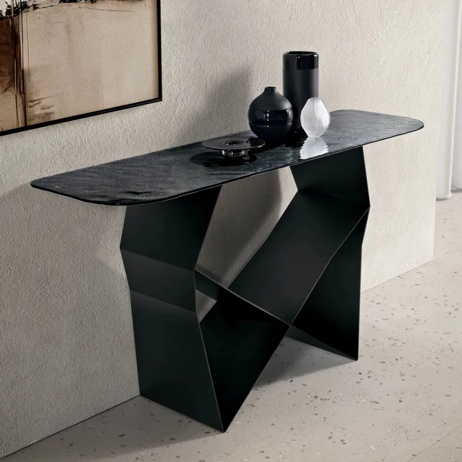 طاولة كونسول من المعدن وسطح زجاجي مطروق مع لمسة نهائية فضية من الخلف - كونكورديا Viadurini