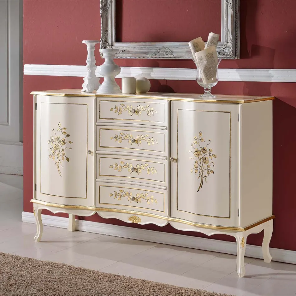 خزانة جانبية خشبية كلاسيكية ببابين وأربعة أدراج، صنع في إيطاليا - وندسور Viadurini