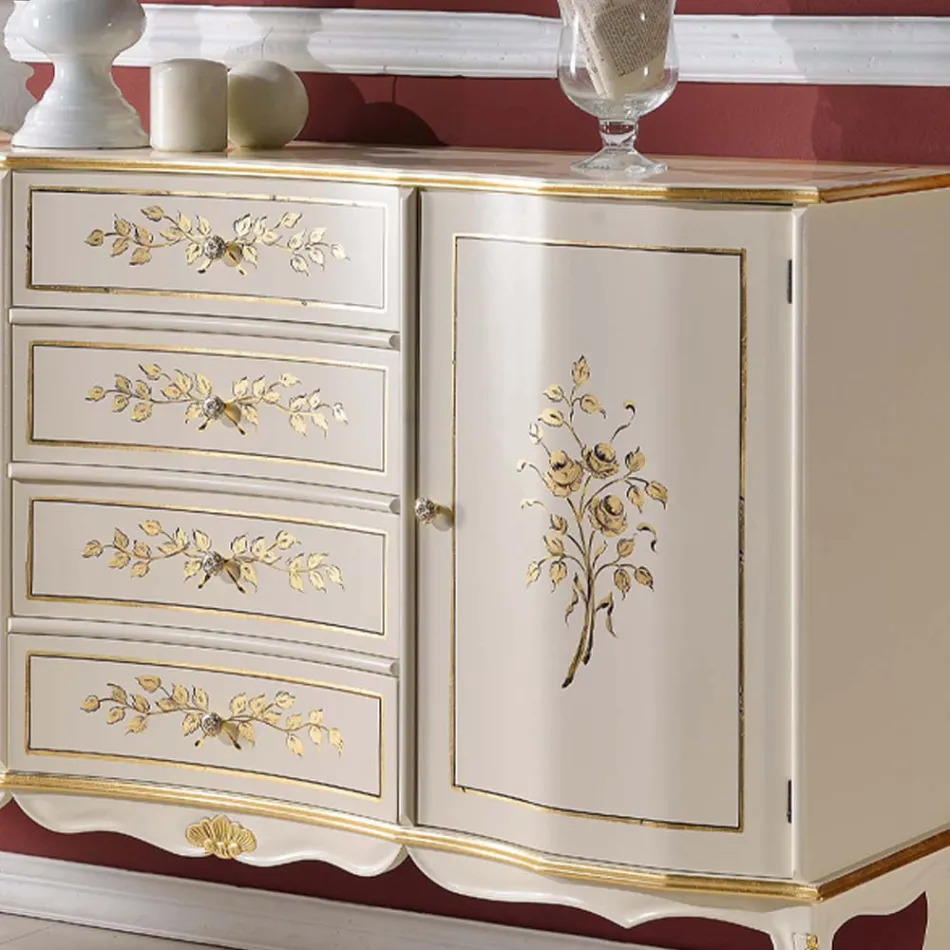 خزانة جانبية خشبية كلاسيكية ببابين وأربعة أدراج، صنع في إيطاليا - وندسور Viadurini